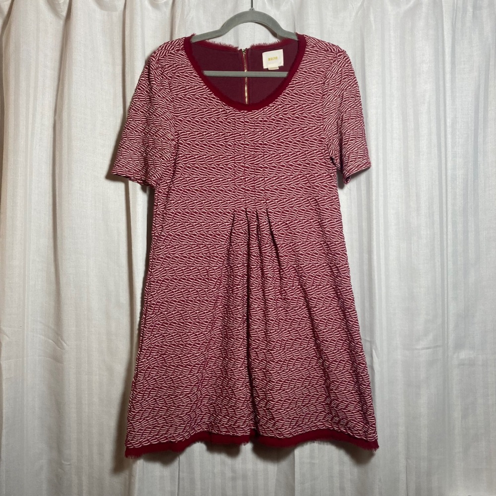 Maeve Anthropologie Burgundy Texture Wave Shift Dress Womens M Short Sleeve Chic